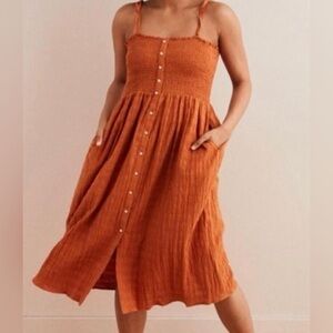 Aerie smocked tie-strap button-down midi dress